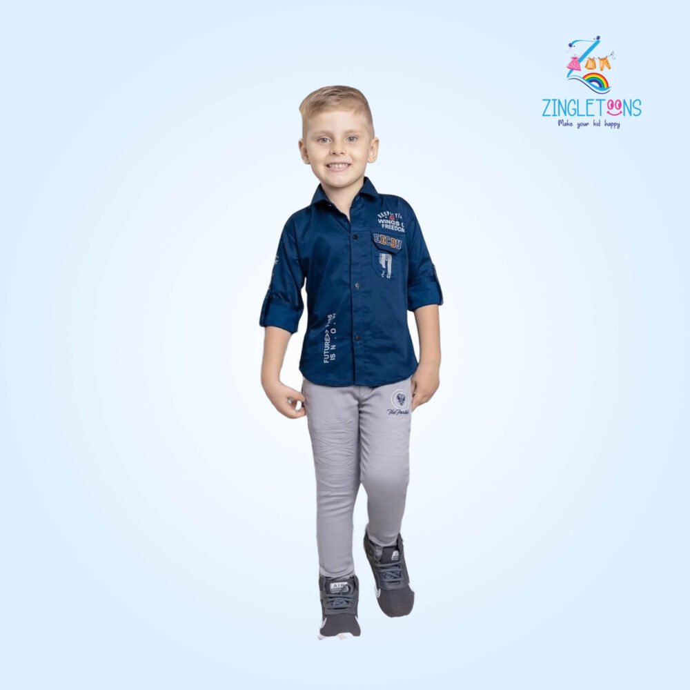 Stylish Boys' Navy Blue Shirt & Light Grey Pants Set