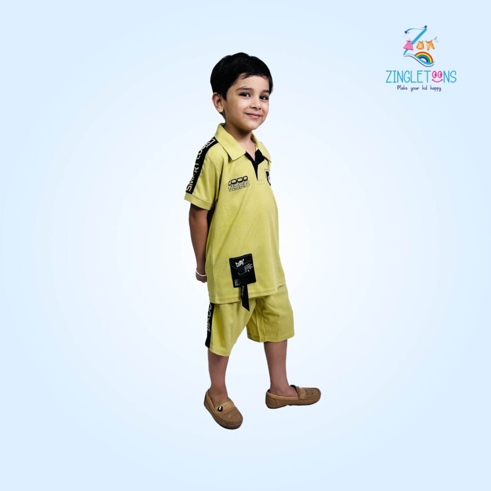 Stylish Kids’ Casual Outfit – MUSTARD T-Shirt & Cargo Shorts Set