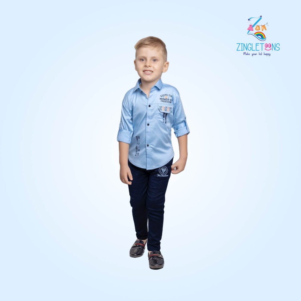 Stylish Boys’ Sky Blue Shirt & Navy Blue Pants Set