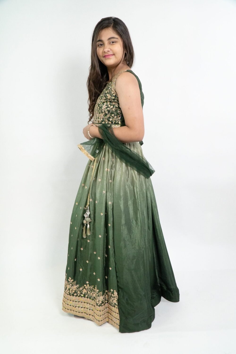 Girls Embroidered Sequinned Ready to Wear Green Lehenga & Blouse - Image 3