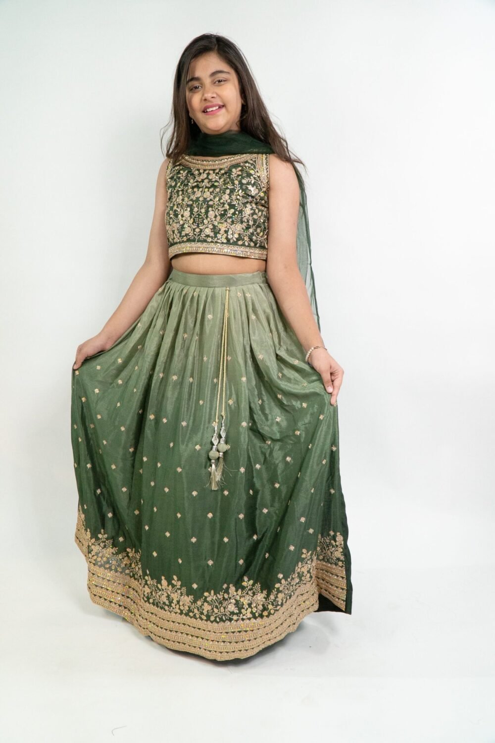 Girls Embroidered Sequinned Ready to Wear Green Lehenga & Blouse - Image 2