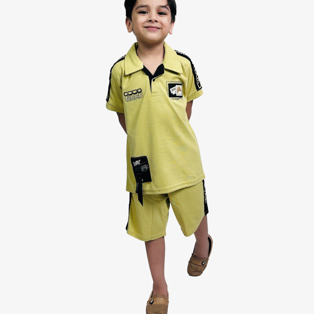 Stylish Kids’ Casual Outfit – MUSTARD T-Shirt & Cargo Shorts Set