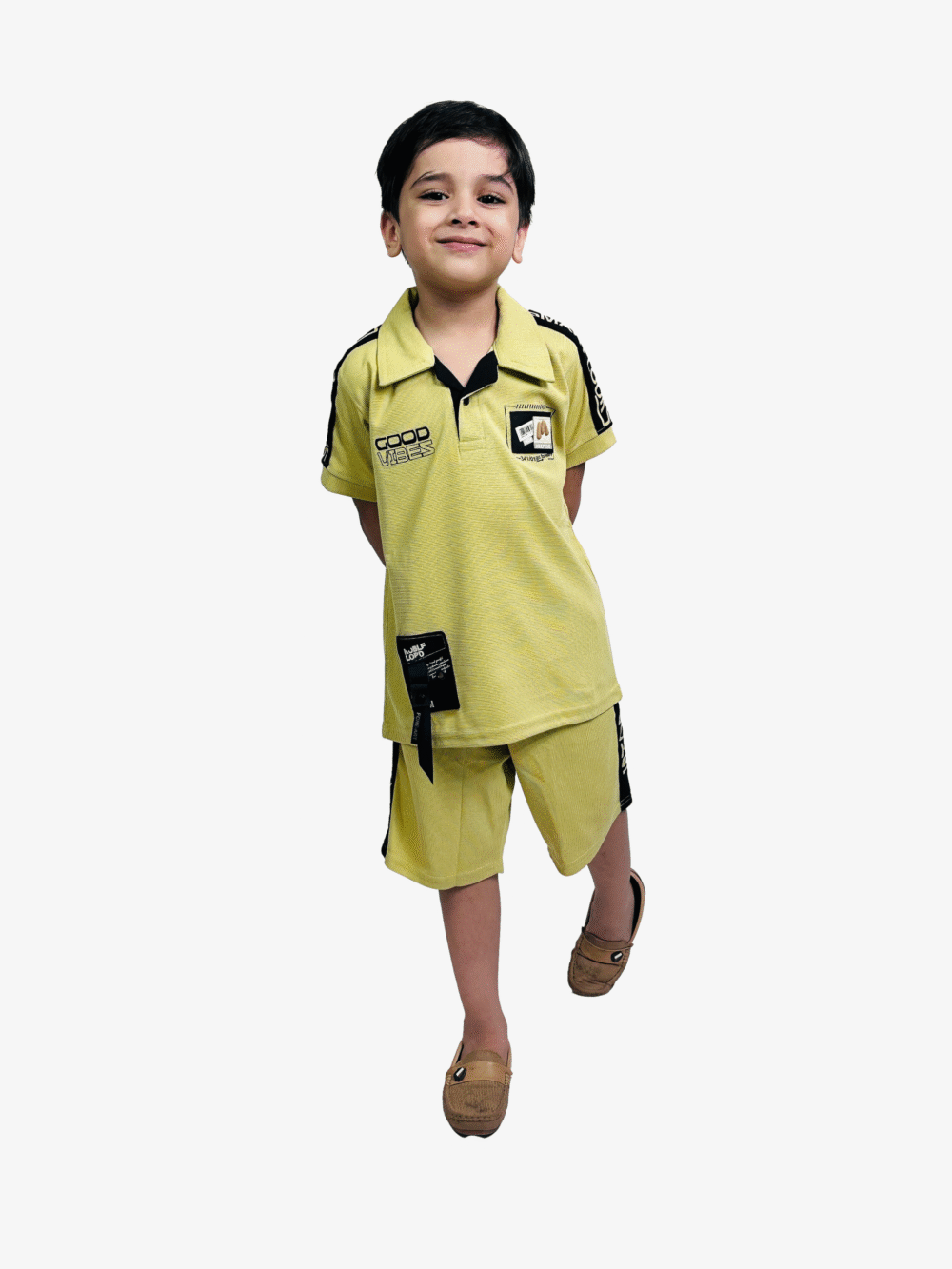 Stylish Kids’ Casual Outfit – MUSTARD T-Shirt & Cargo Shorts Set