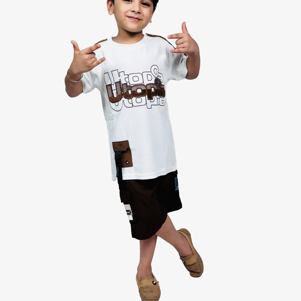 Stylish Kids' Casual Outfit – Utopia Printed T-Shirt & Cargo Shorts Set