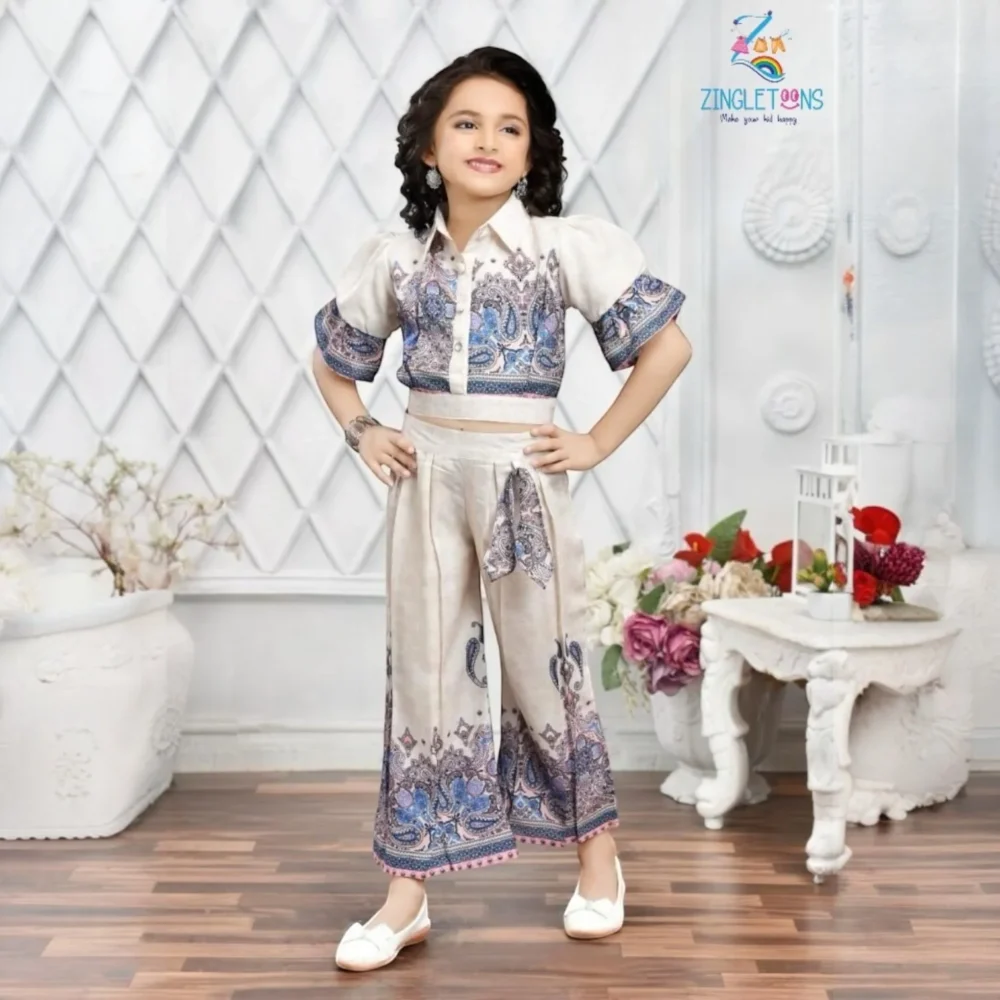 Stylish Printed Co-Ord Set With Puff Sleeves Top For Girls