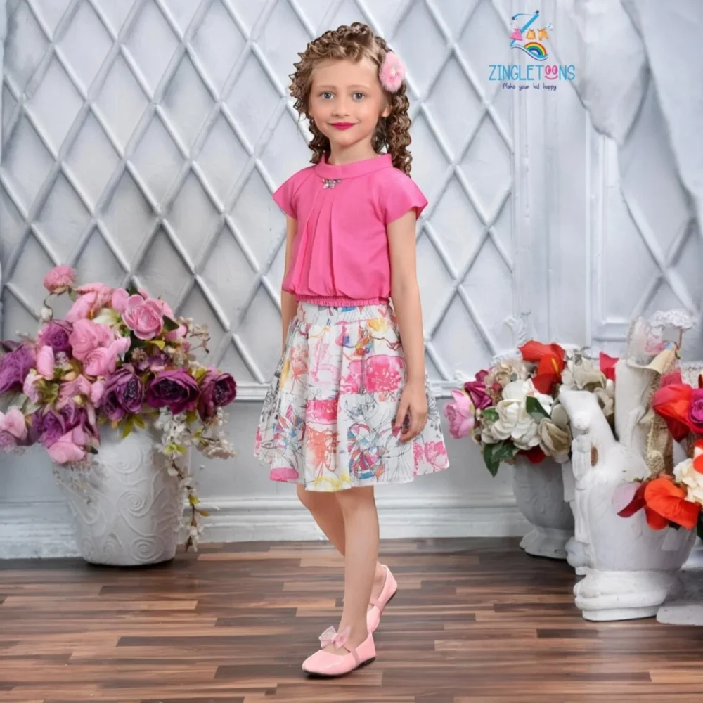 Girls Printed Puffed Sleeves Top With Skirt