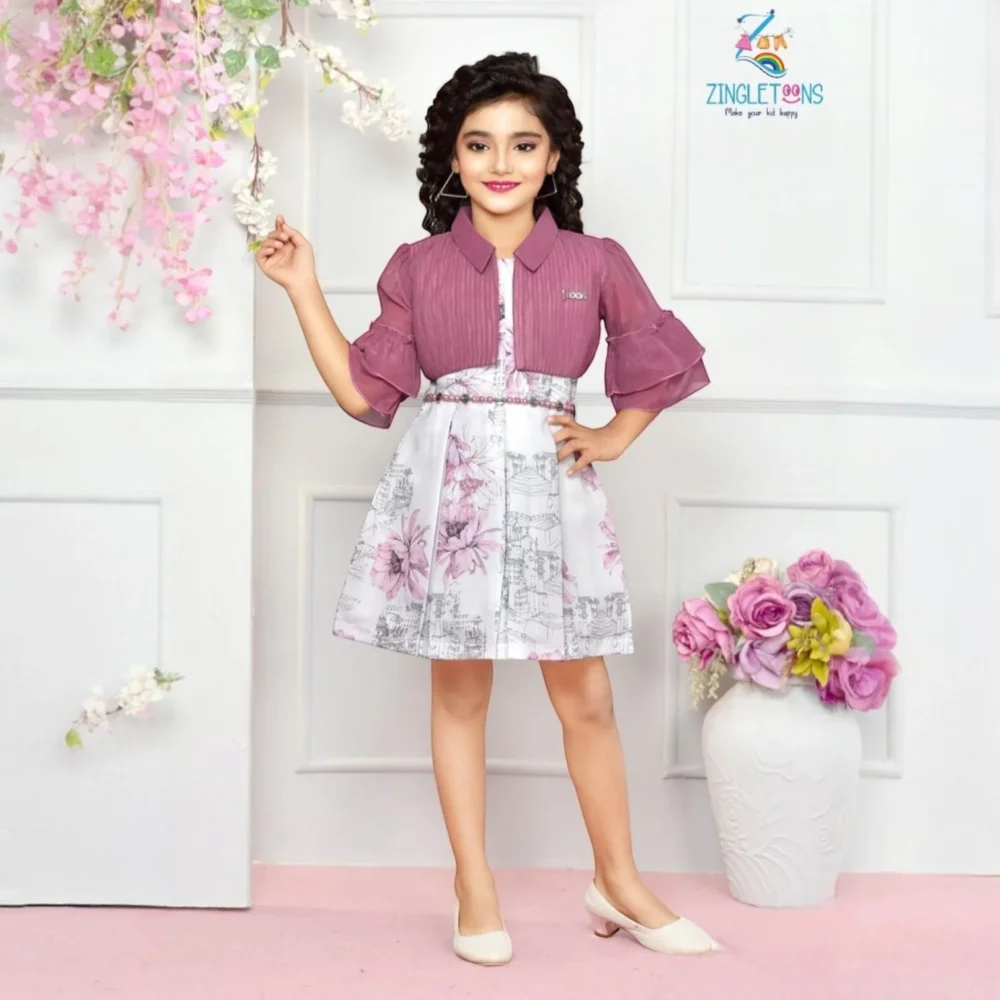 Girls Floral Printed Dress With Jacket And Belt