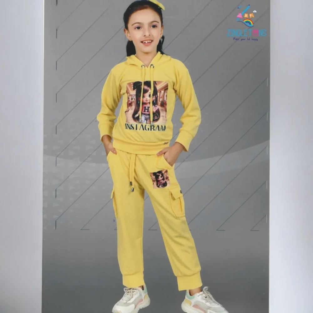 Girls Yellow Print Hoodie And Joggers Set