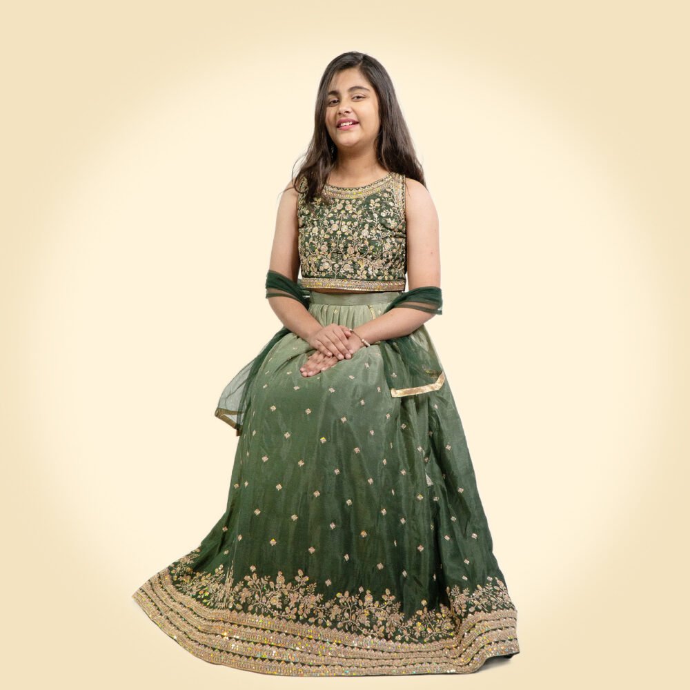 Girls Embroidered Sequinned Ready to Wear Green Lehenga & Blouse
