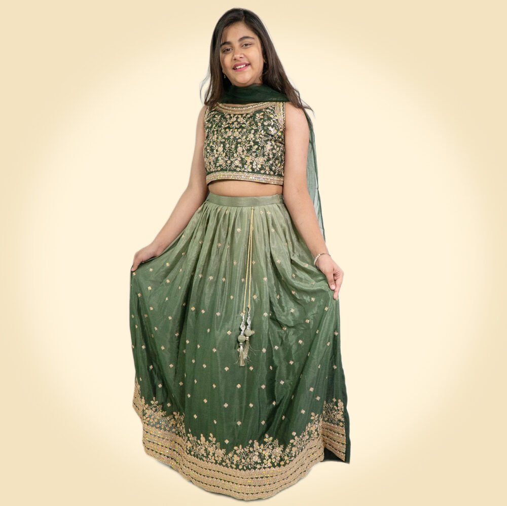 Girls Embroidered Sequinned Ready to Wear Green Lehenga & Blouse - Image 4