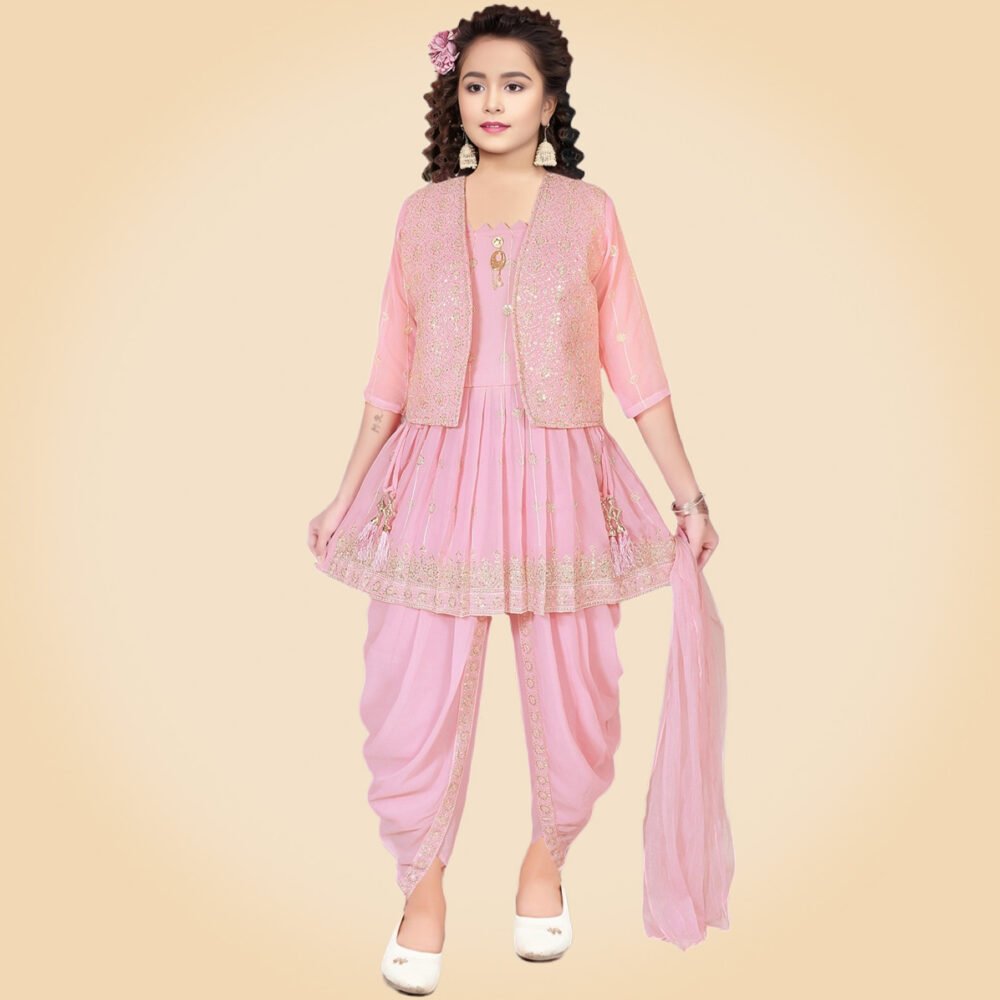 Girls Ethnic Printed Kurti with Dhoti Pants & Dupatta