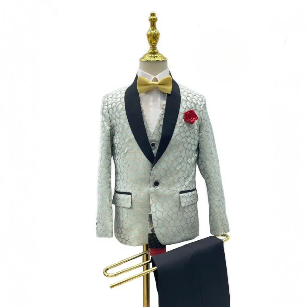 Boys Grey Textured Blazer with Black Lapel without bow tie