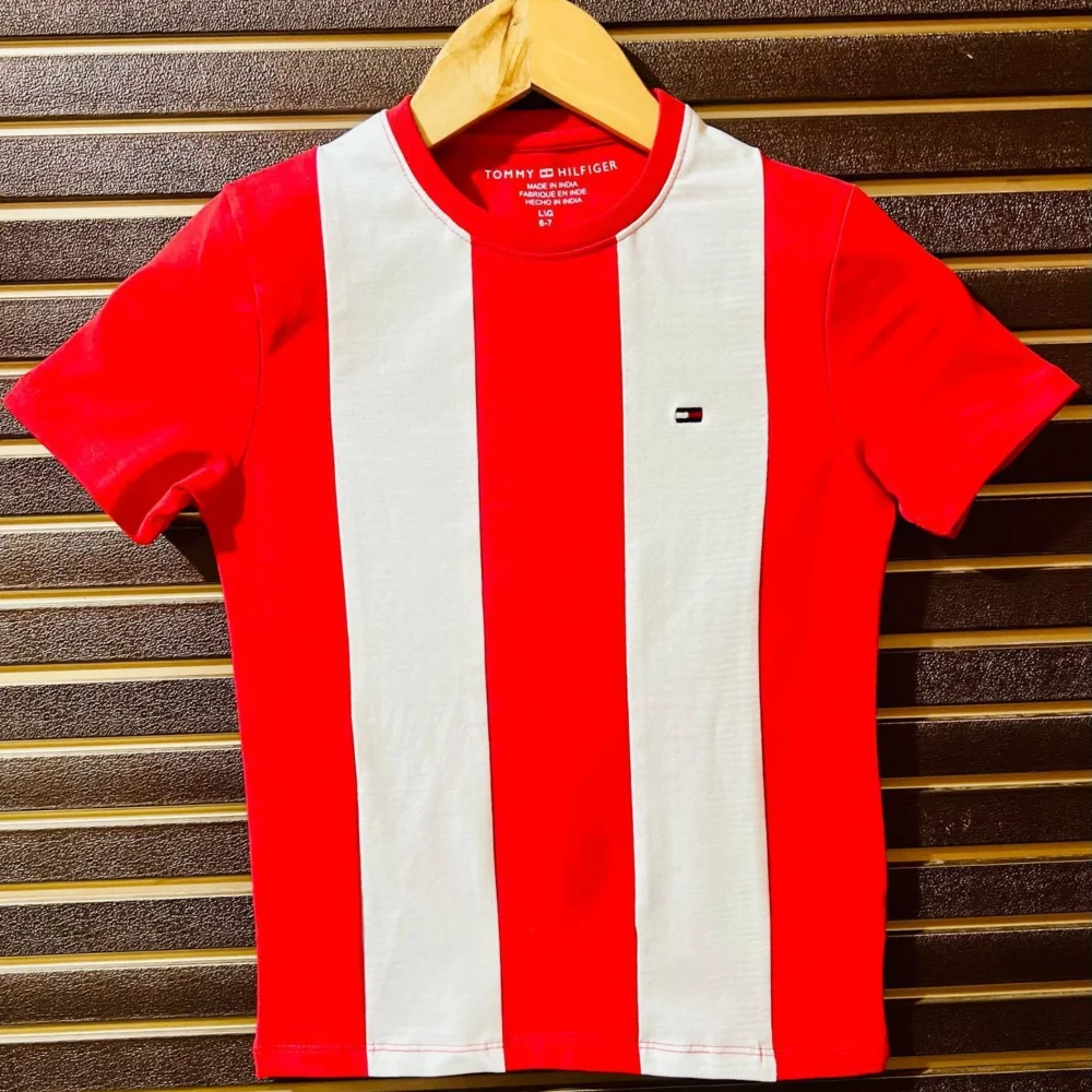 Boys Striped Round Neck Pure Cotton Red, White T-Shirt