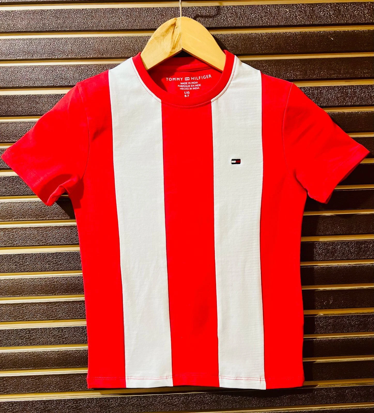 Boys Striped Round Neck Pure Cotton Red, White T-Shirt