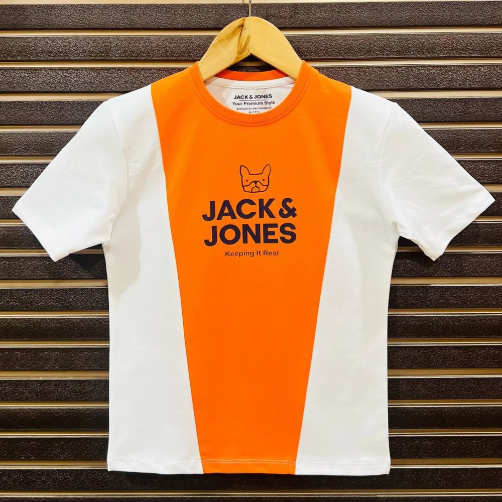 Boys Striped Round Neck Pure Cotton Orange White T-Shirt