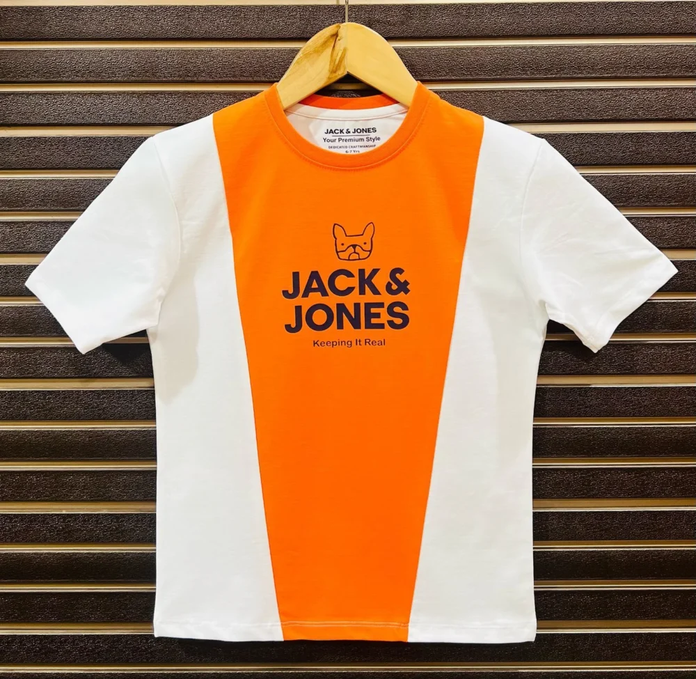 Boys Striped Round Neck Pure Cotton Orange White T-Shirt