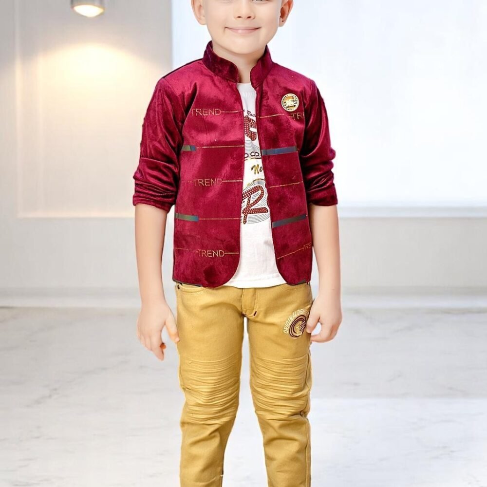 Stylish 3-Piece Kids Clothing Set – Red Jacket, Yellow Pants & T-Shirt
