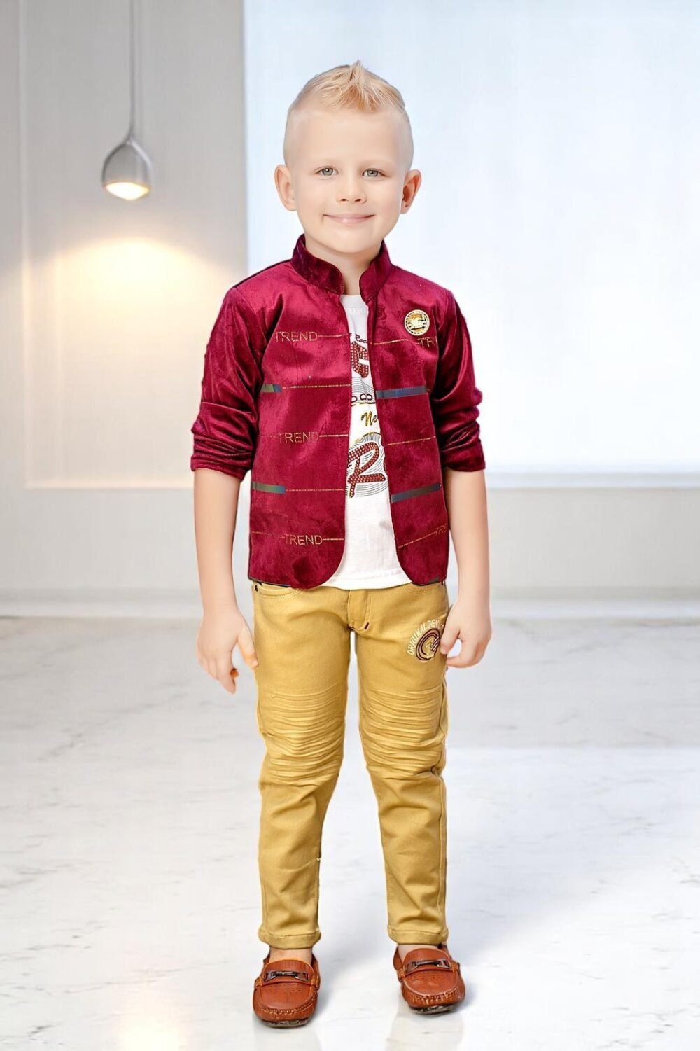 Stylish 3-Piece Kids Clothing Set – Red Jacket, Yellow Pants & T-Shirt