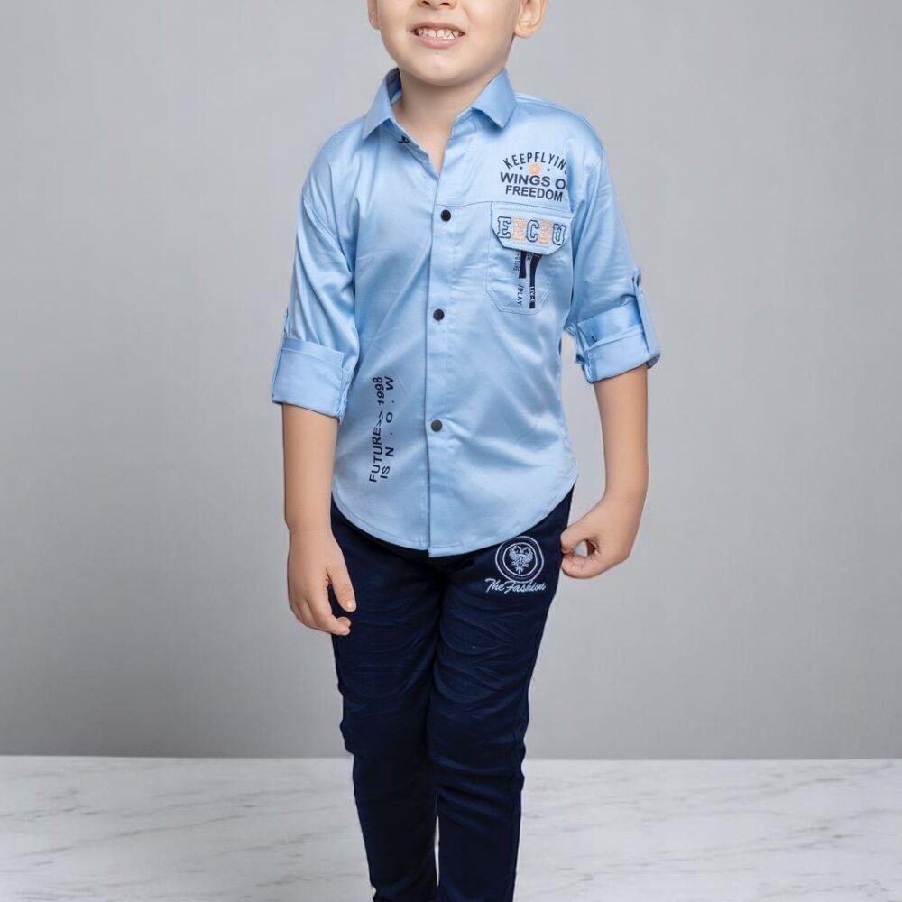 Stylish Boys’ Sky Blue Shirt & Navy Blue Pants Set