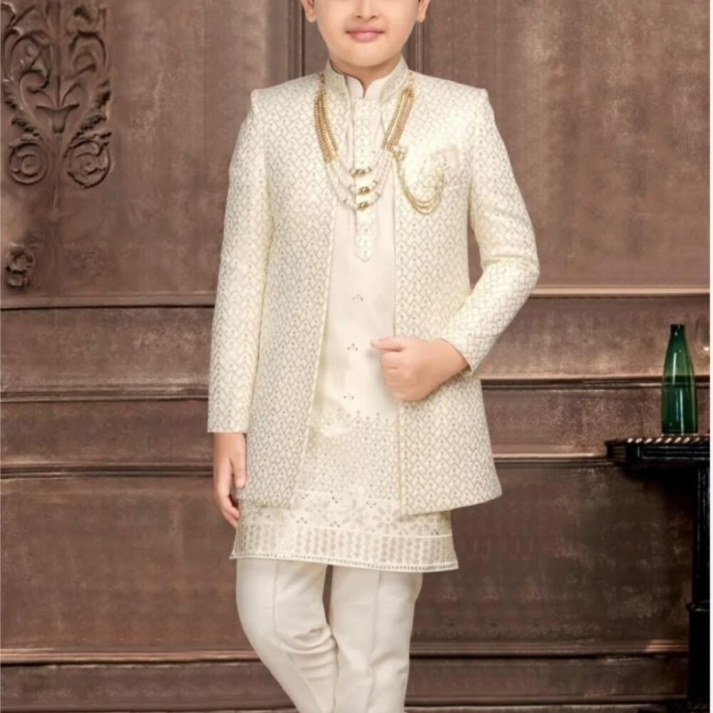 Cream Art Silk Embroidered Mandarin Collar Traditional Indo Western Pyjama Set Embroidered Sherwani