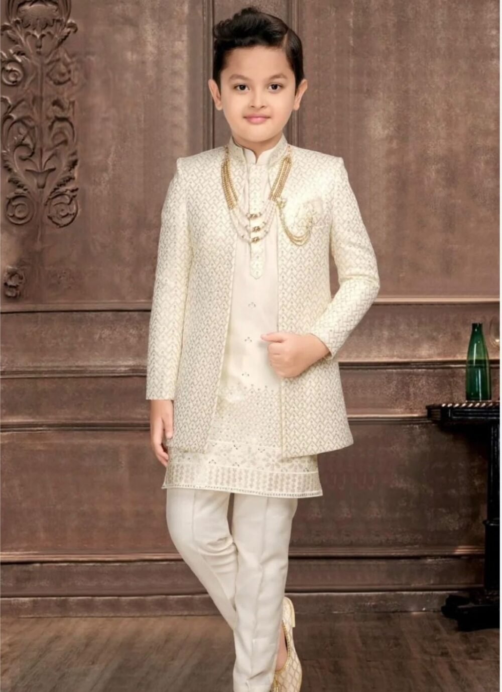 Cream Art Silk Embroidered Mandarin Collar Traditional Indo Western Pyjama Set Embroidered Sherwani