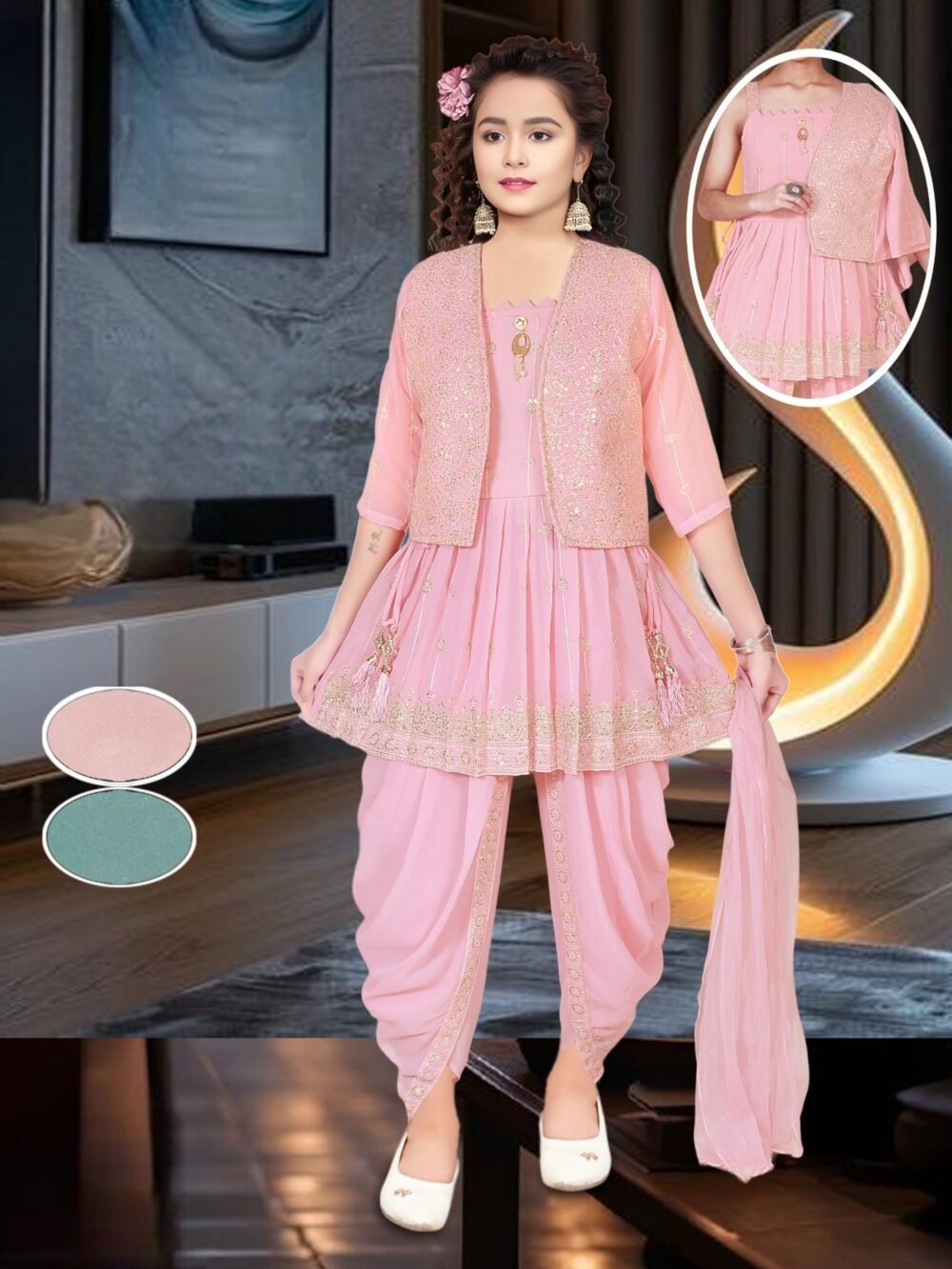 Girls Ethnic Printed Kurti with Dhoti Pants & Dupatta