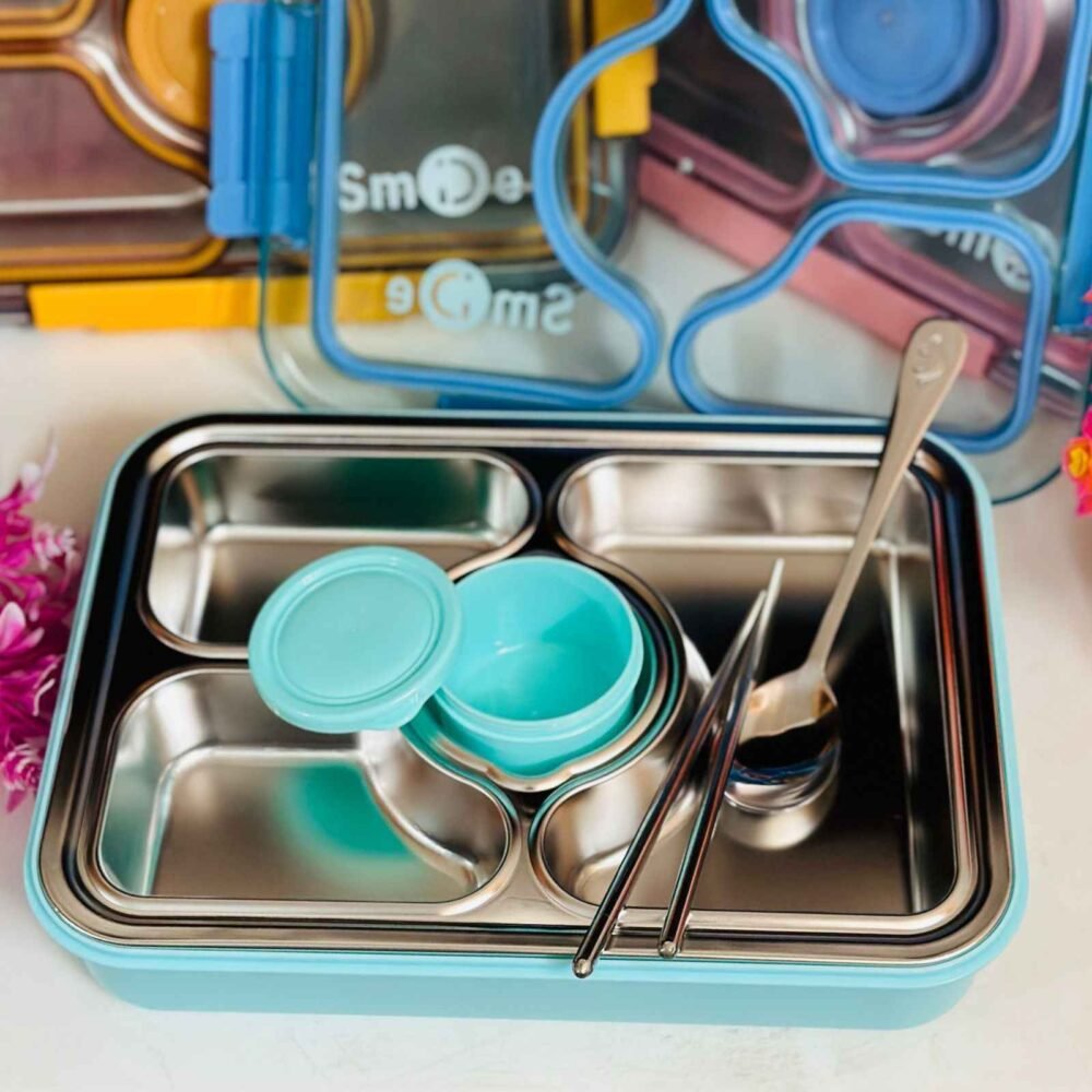 Leakproof Multi-Compartment Lunch Box with Lid – Pink & Blue - Image 3