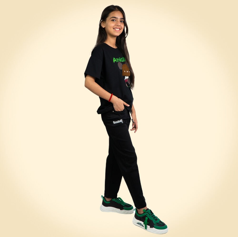 Black “Amusing” Teddy Cartoon Oversized T-Shirt for Girls - Image 5
