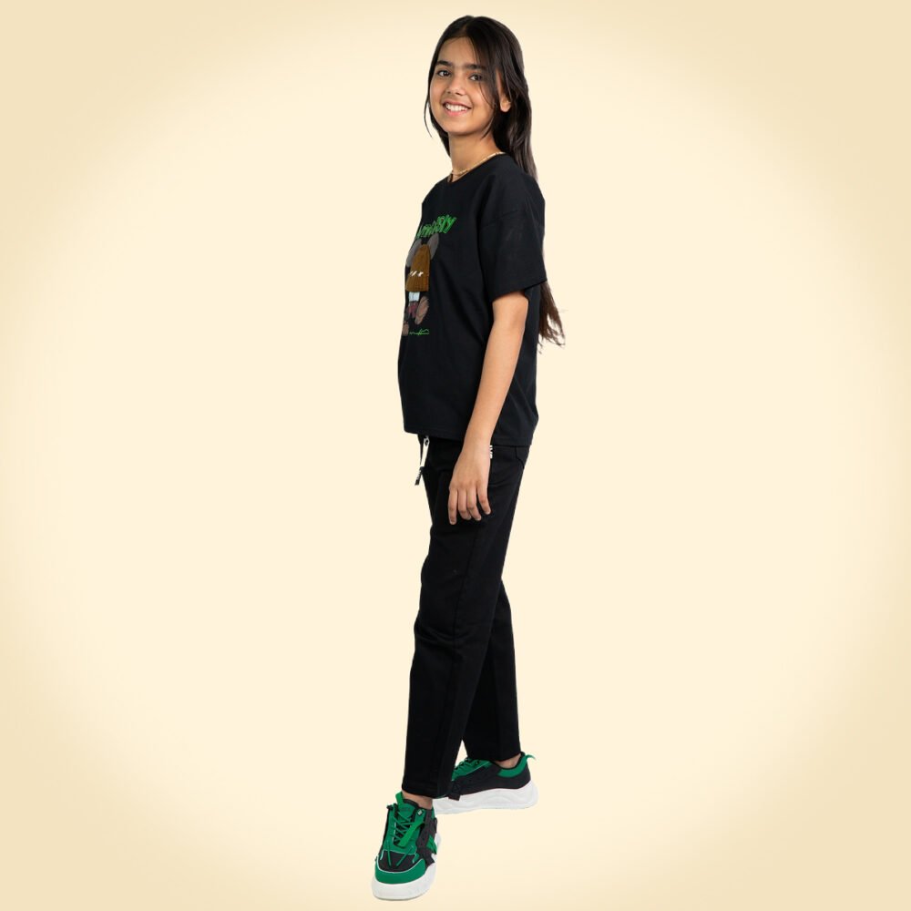 Black “Amusing” Teddy Cartoon Oversized T-Shirt for Girls - Image 3