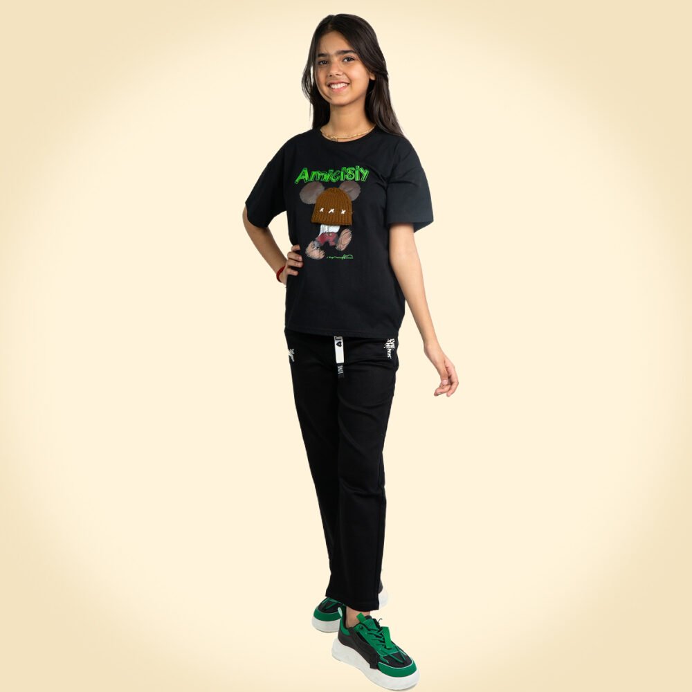 Black “Amusing” Teddy Cartoon Oversized T-Shirt for Girls