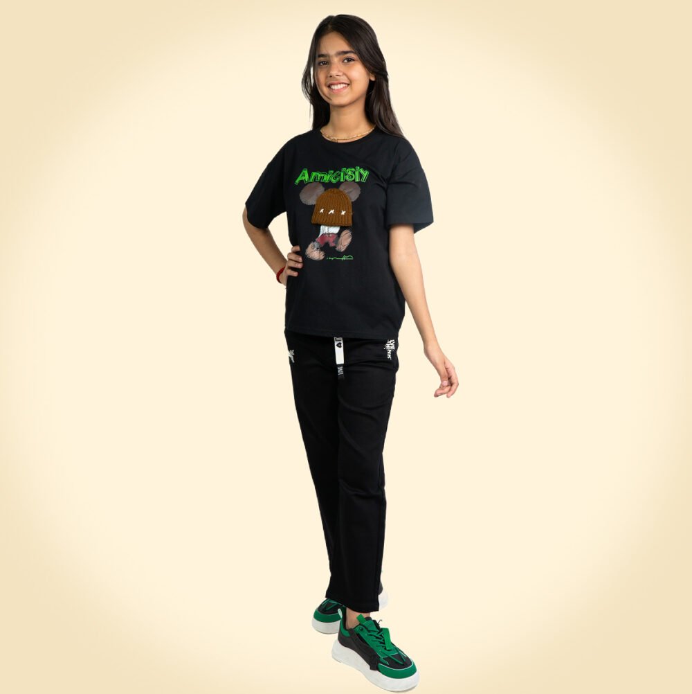 Black “Amusing” Teddy Cartoon Oversized T-Shirt for Girls