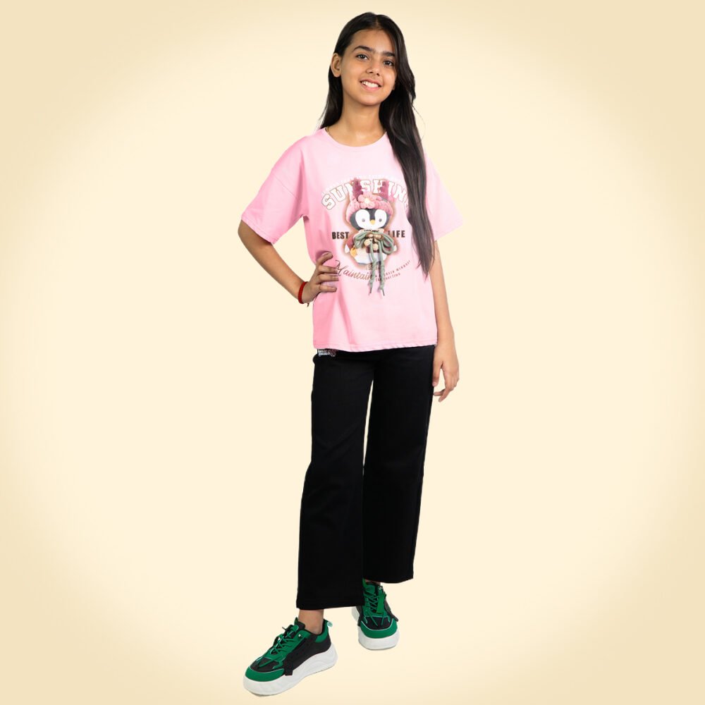 Trendy Pink Cartoon Oversized T-Shirt for Girls
