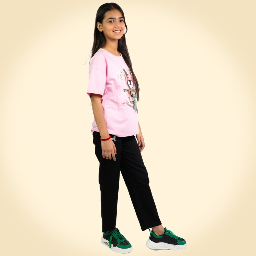 Trendy Pink Cartoon Oversized T-Shirt for Girls - Image 2
