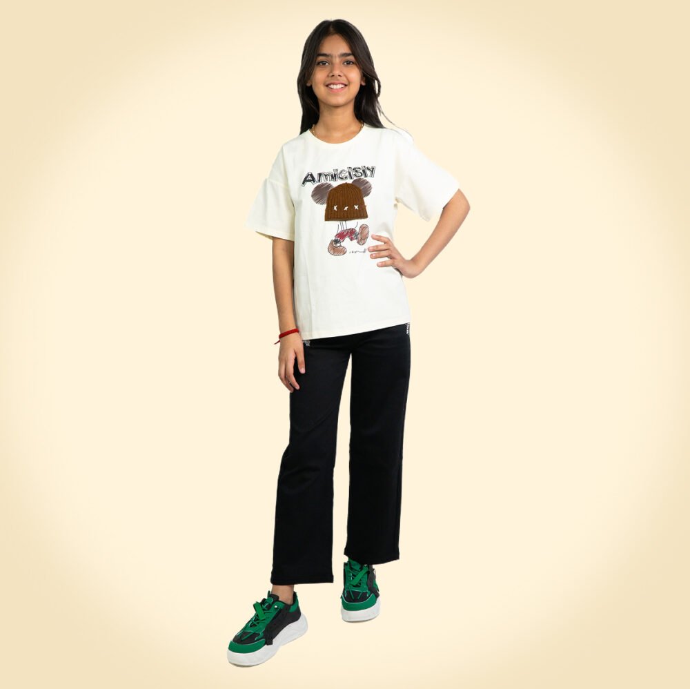 Cream Teddy Cartoon Oversized T-Shirt for Girls - Image 2