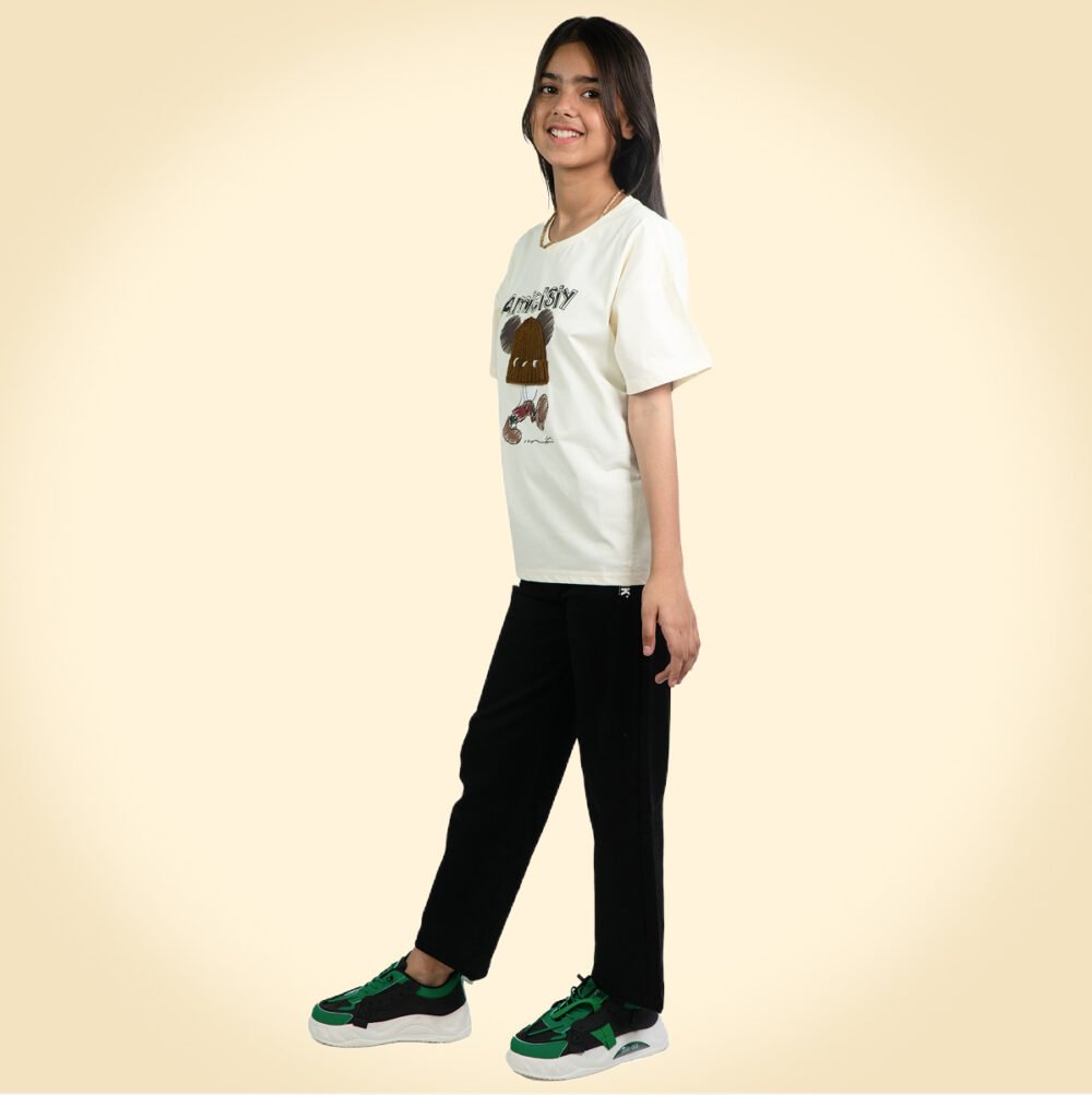 Cream Teddy Cartoon Oversized T-Shirt for Girls - Image 5