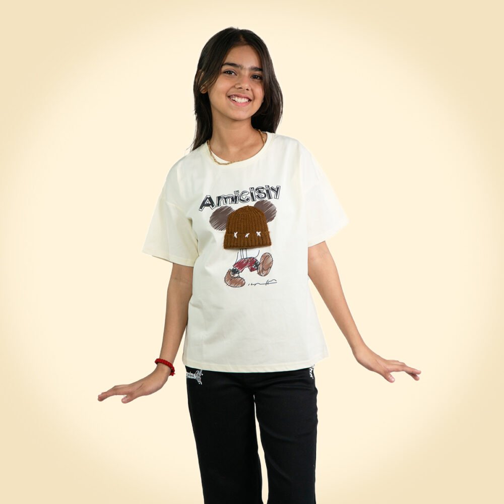 Cream Teddy Cartoon Oversized T-Shirt for Girls