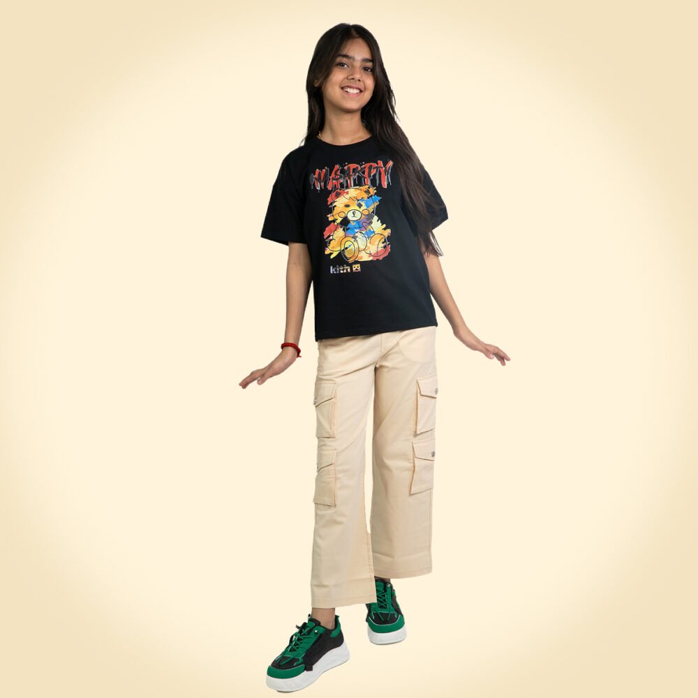 Girls Oversized Graphic T-Shirt – “Delicious Vibes” Dog Print (Black)