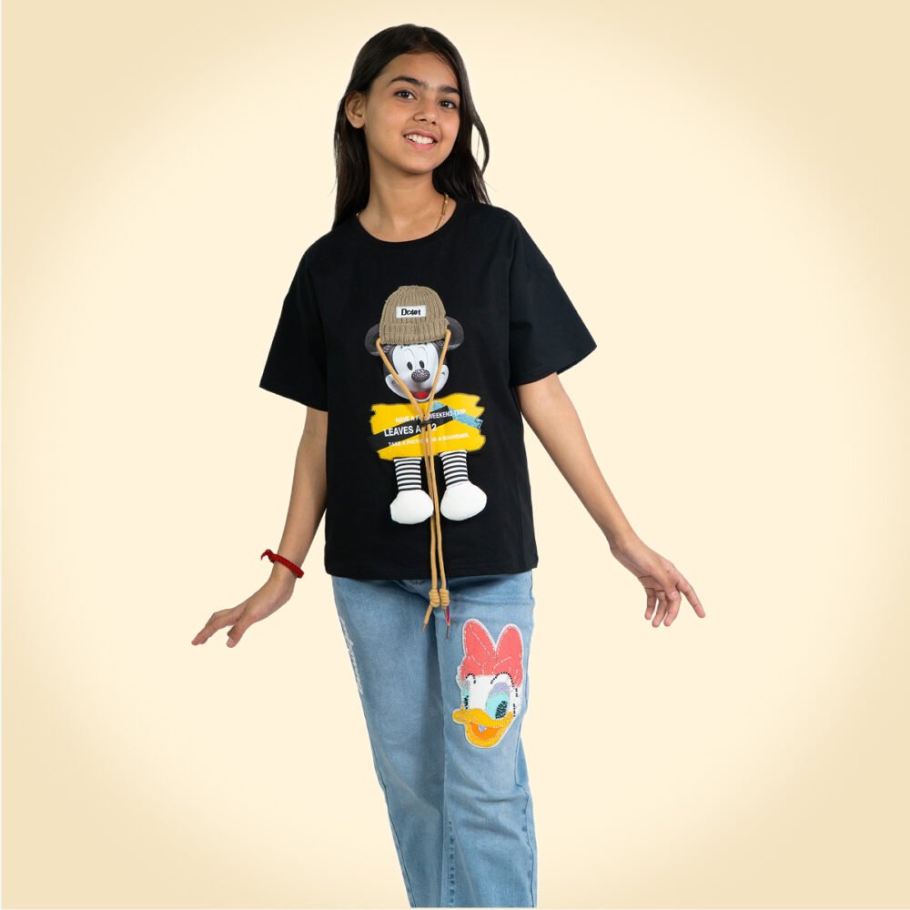 Trendy Black And Cream Cartoon T-Shirt for Girls – Cool & Comfortable Cotton Tee