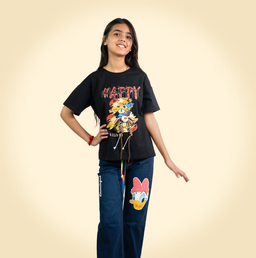 "Trendy Black Cartoon Graphic T-Shirt for Girls – Stylish Casual Wear"