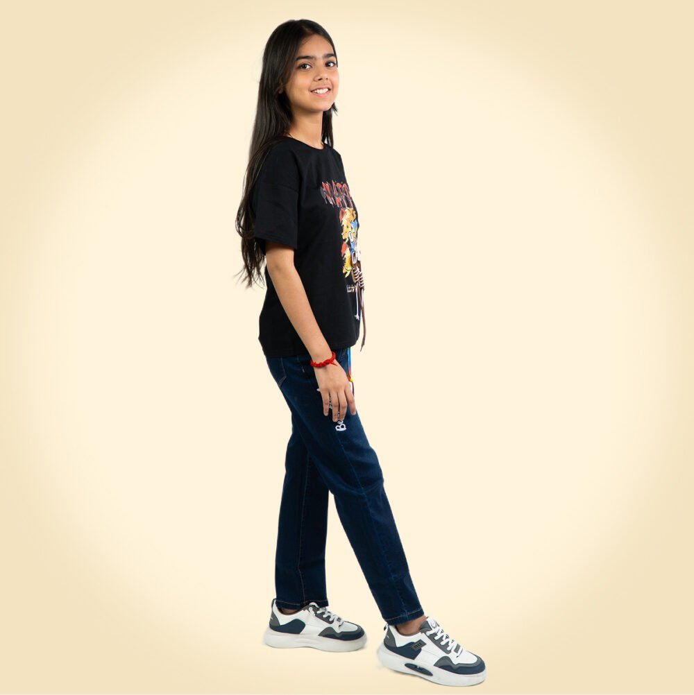 "Trendy Black Cartoon Graphic T-Shirt for Girls – Stylish Casual Wear" - Image 2