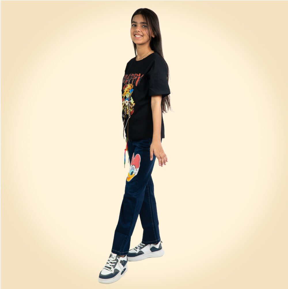 "Trendy Black Cartoon Graphic T-Shirt for Girls – Stylish Casual Wear" - Image 4
