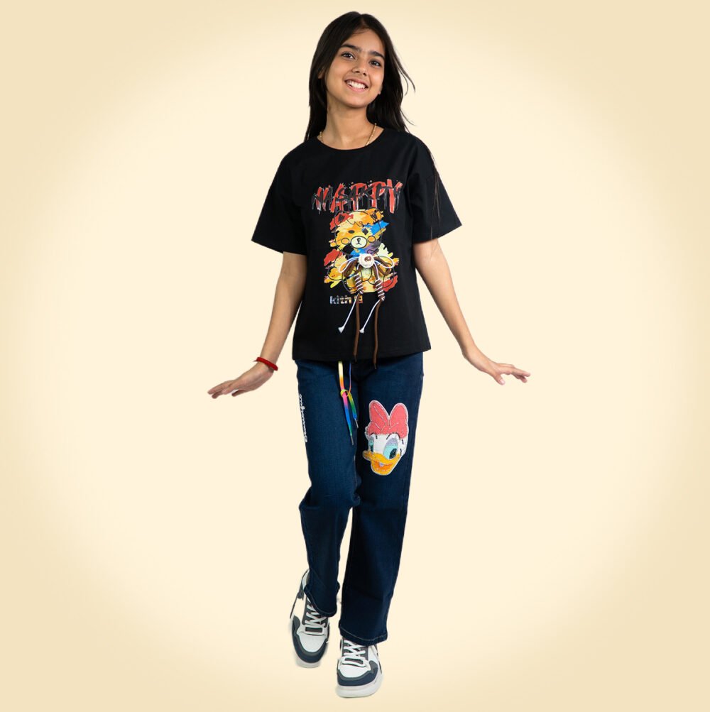 "Trendy Black Cartoon Graphic T-Shirt for Girls – Stylish Casual Wear" - Image 5