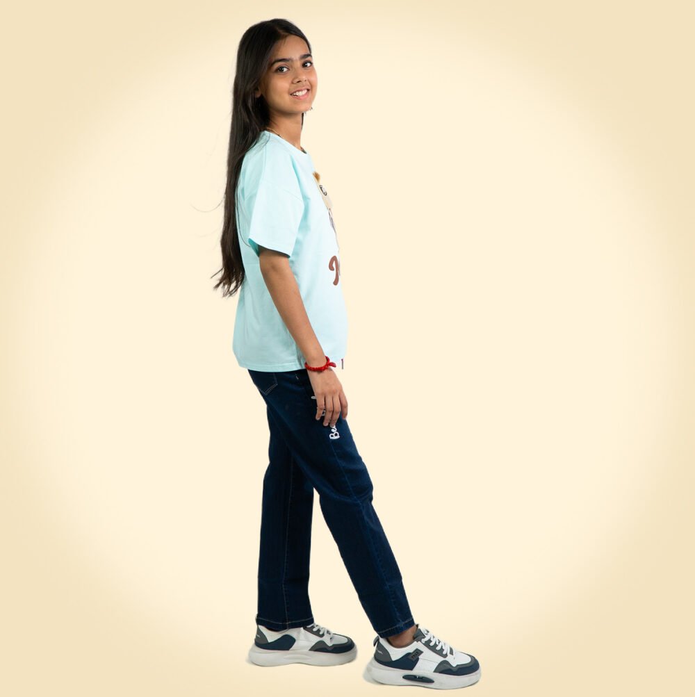 Trendy Cartoon Print Oversized Tee for Girls – Sky Blue - Image 5