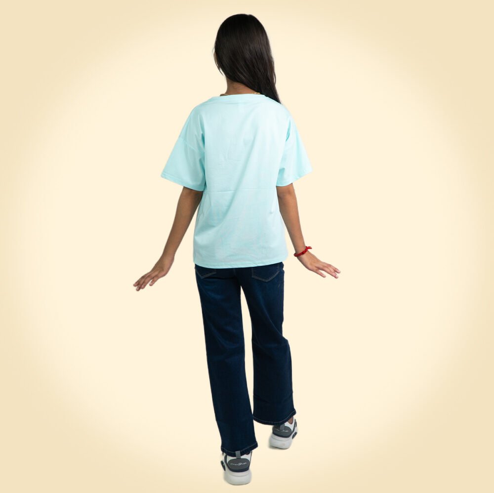 Trendy Cartoon Print Oversized Tee for Girls – Sky Blue - Image 4