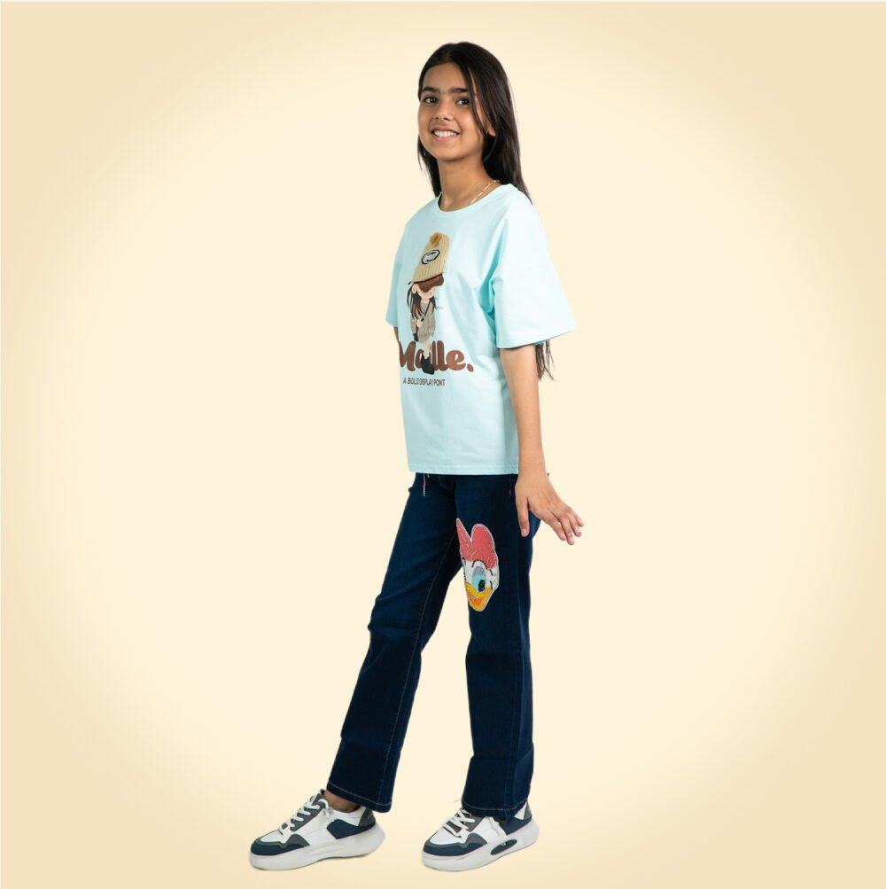 Trendy Cartoon Print Oversized Tee for Girls – Sky Blue - Image 3