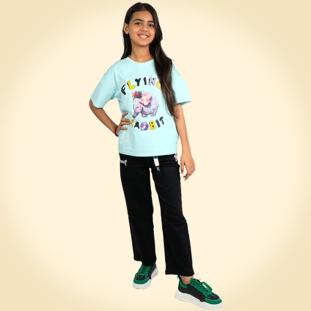 Flying Rabbit Oversized T-Shirt for Girls – Sky Blue
