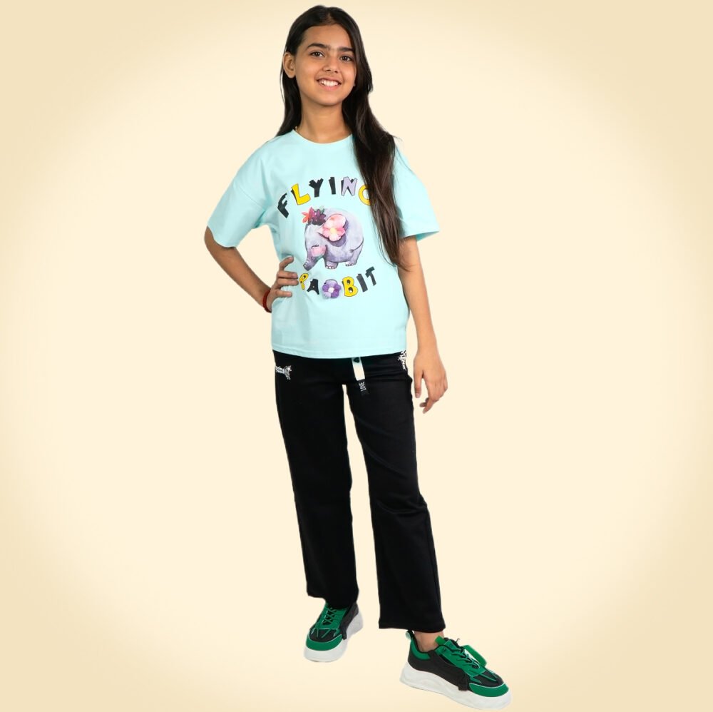 Flying Rabbit Oversized T-Shirt for Girls – Sky Blue