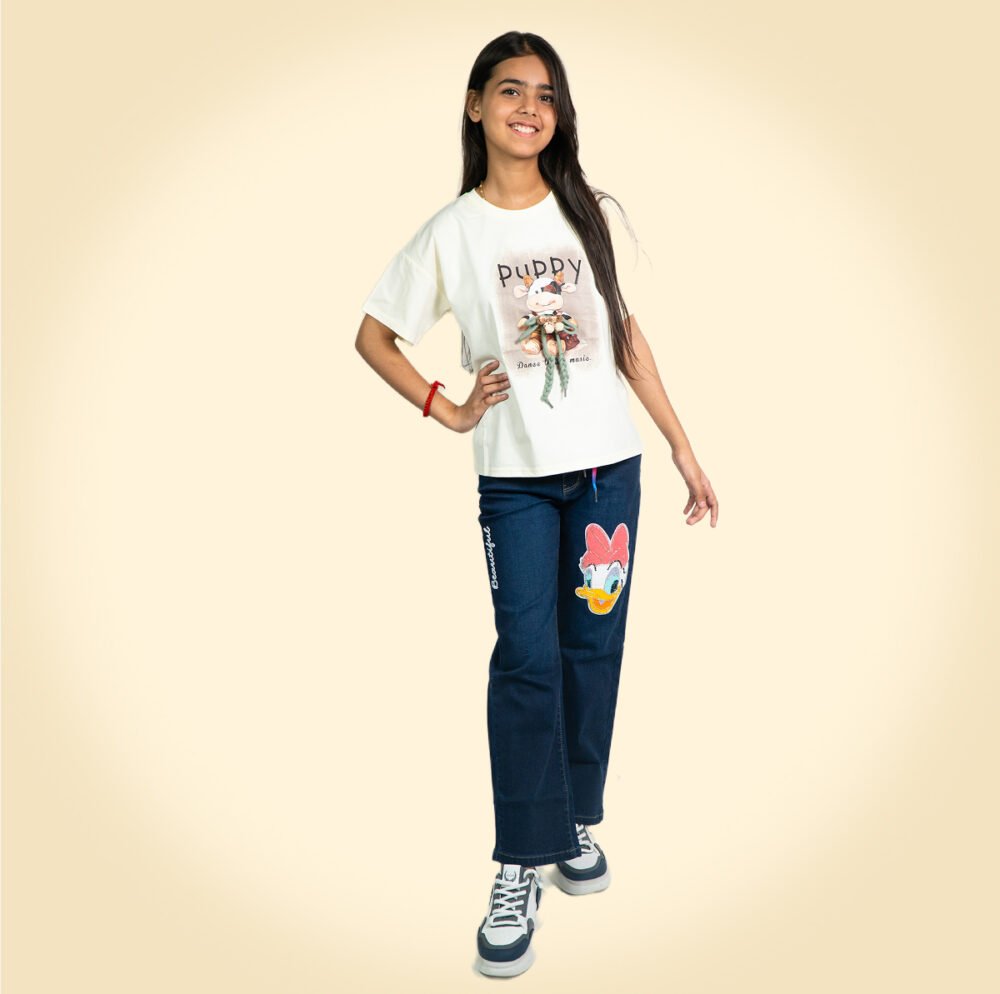 "Adorable Cream Puppy Print T-Shirt for Girls – Soft & Stylish Casual Wear" 🐶✨ - Image 2