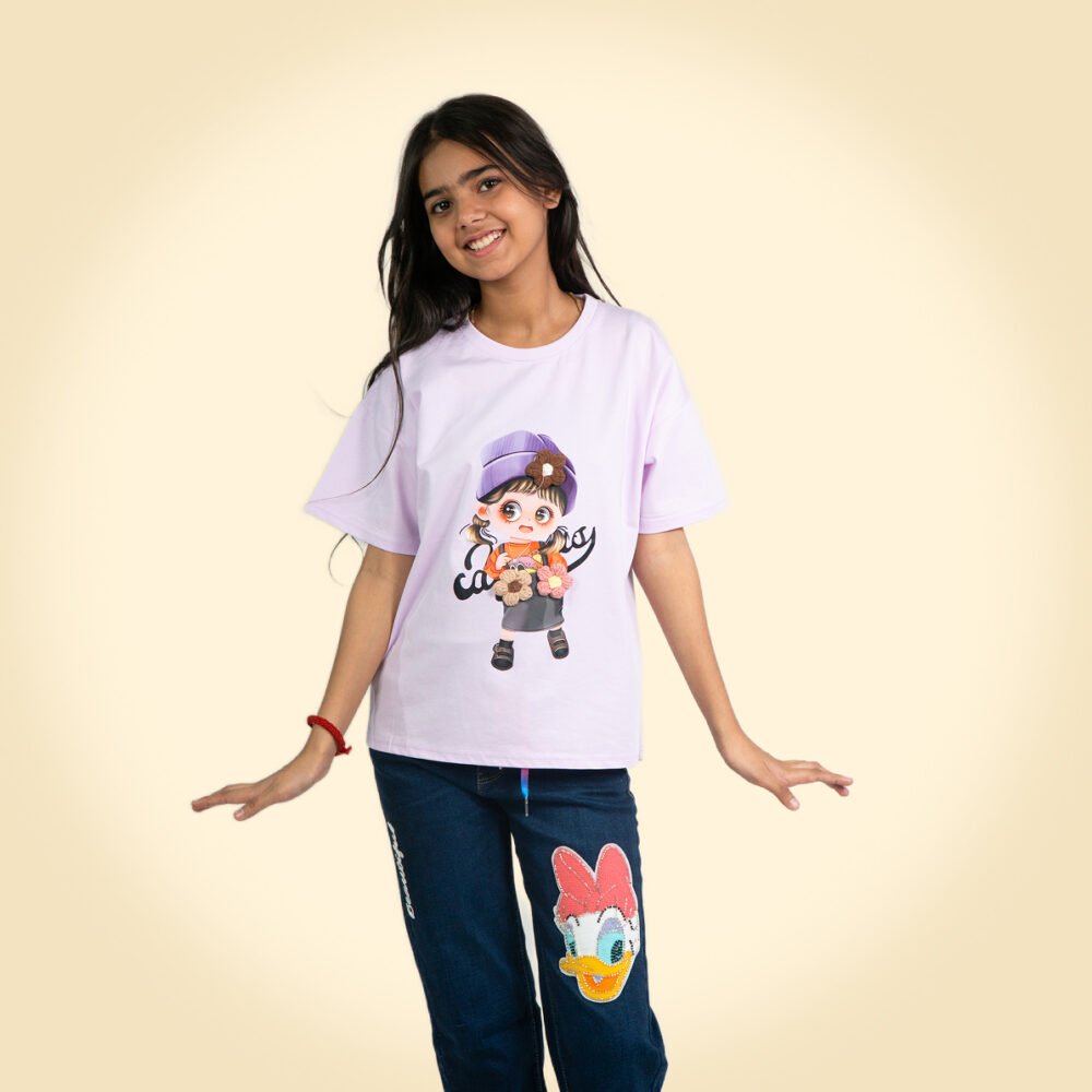 Lilac Cartoon Girl Graphic T-Shirt for Kids