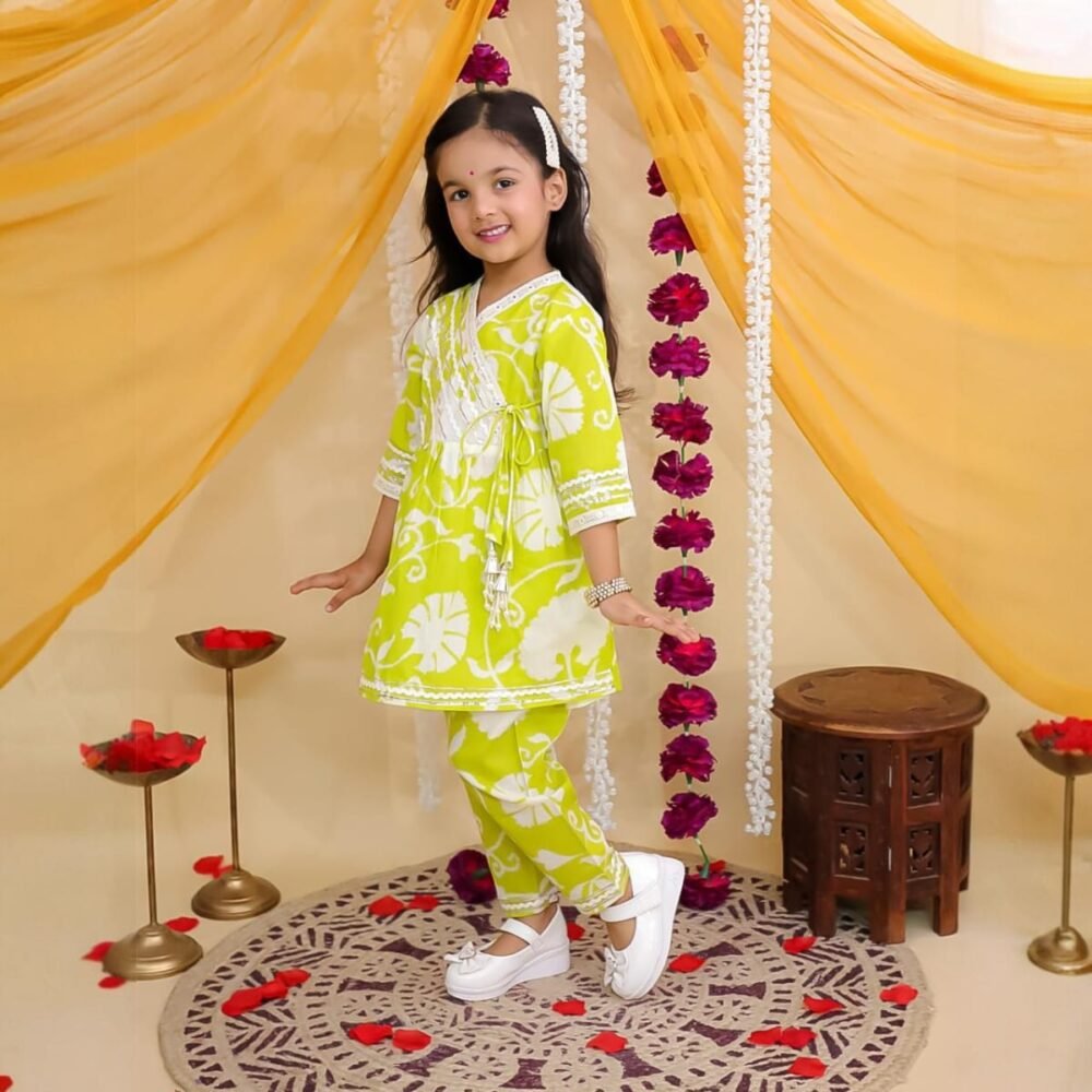 Lime Blossom Floral Kurta Set for Girls